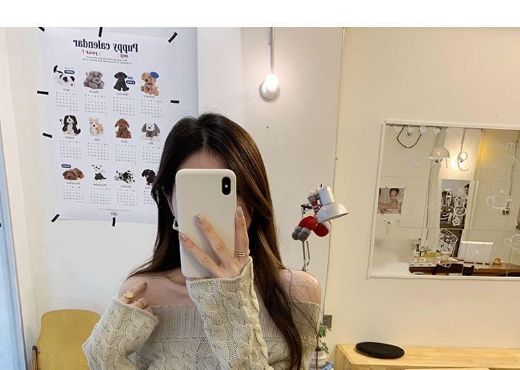 Off Shoulder Plain Cable Knit Sweater Product Image