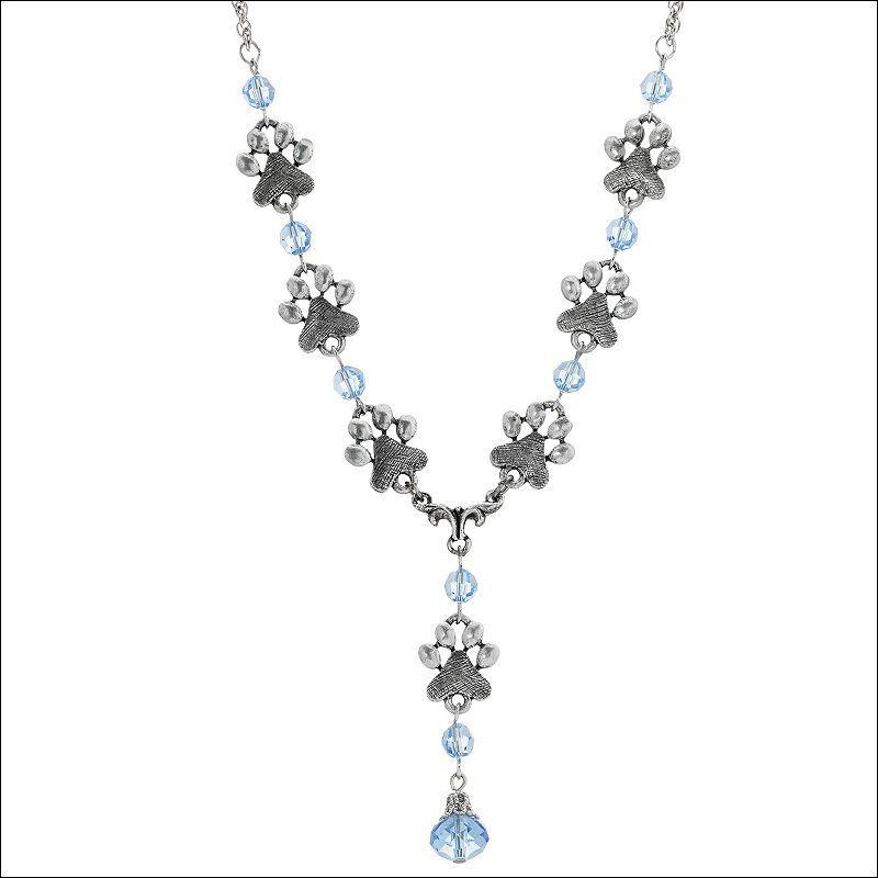 1928 Pewter Pawprint Light Blue Glass Bead Y-Necklace, Womens Product Image