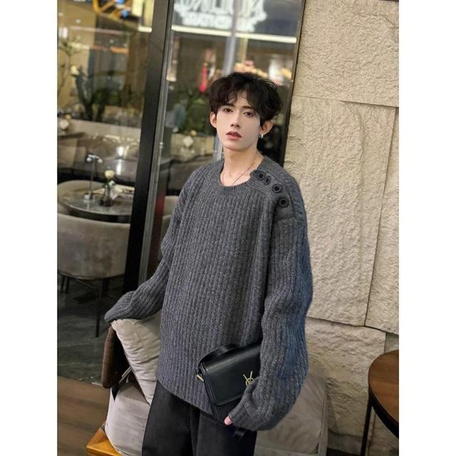 Crew Neck Plain Ribbed Sweater Product Image