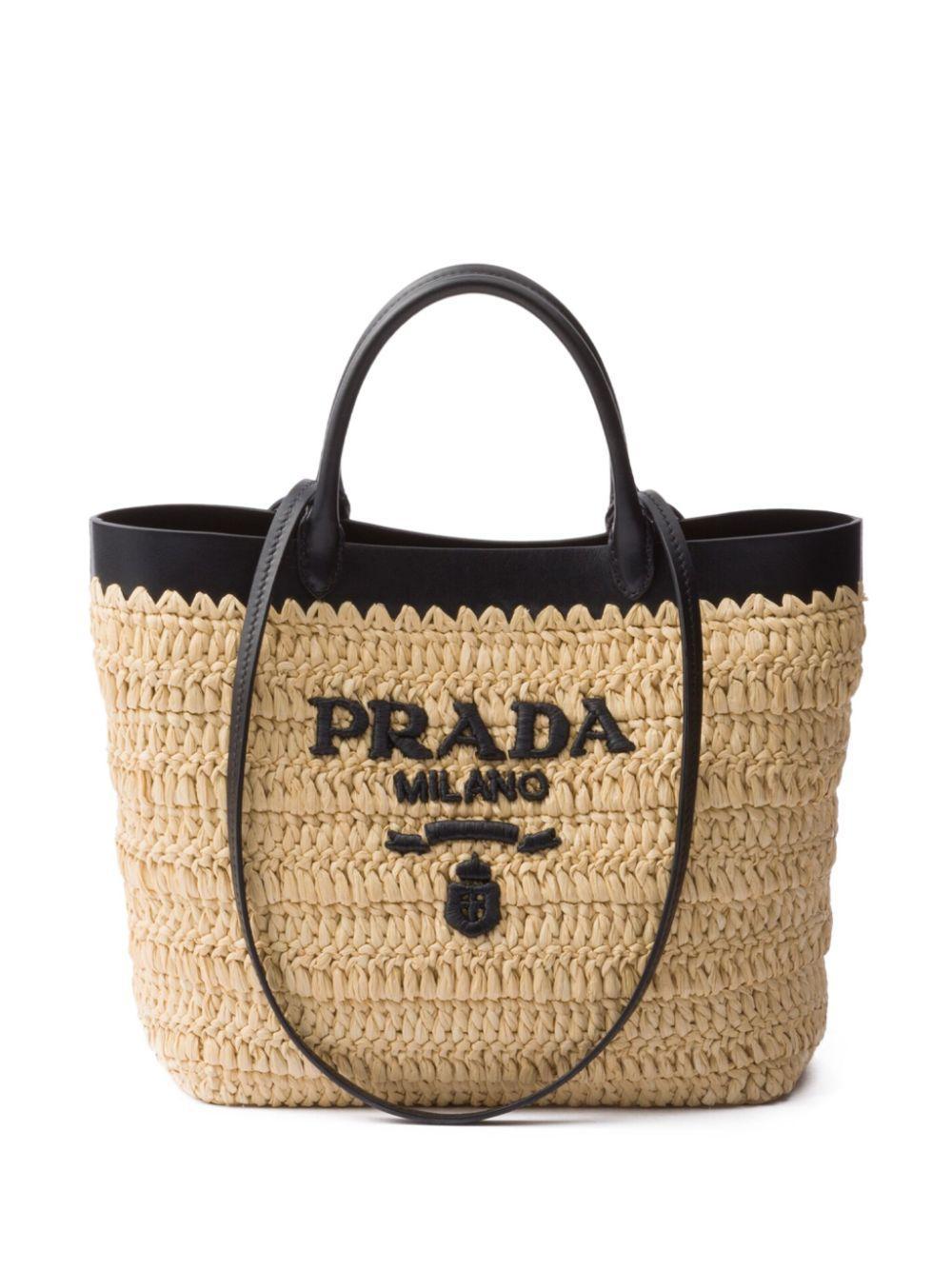 PRADA Leather-trimmed Woven Tote Bag In Beige Khaki Product Image