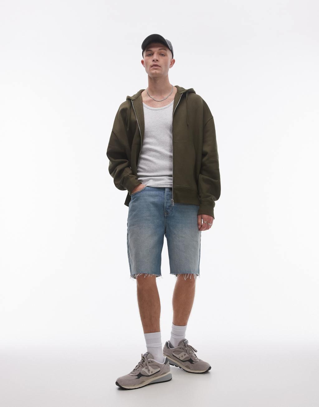 Topman oversized fit full zip hoodie in khaki Product Image