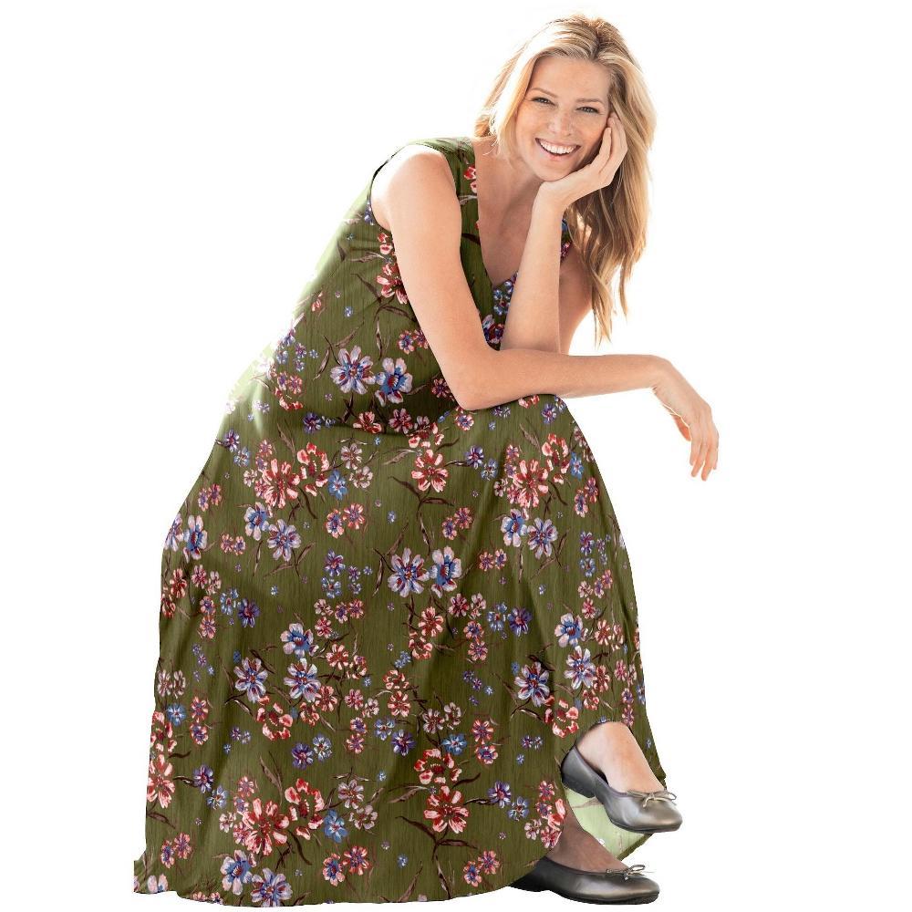 Woman Within Women's Plus Size Petite Sleeveless Crinkle Dress - 2X, Dark Basil Floral product image