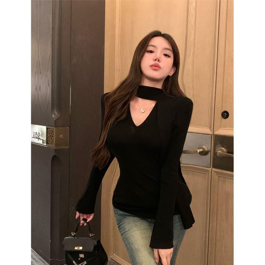 Long-Sleeve Scarf Neck Plain Slim Fit Knit Top Product Image