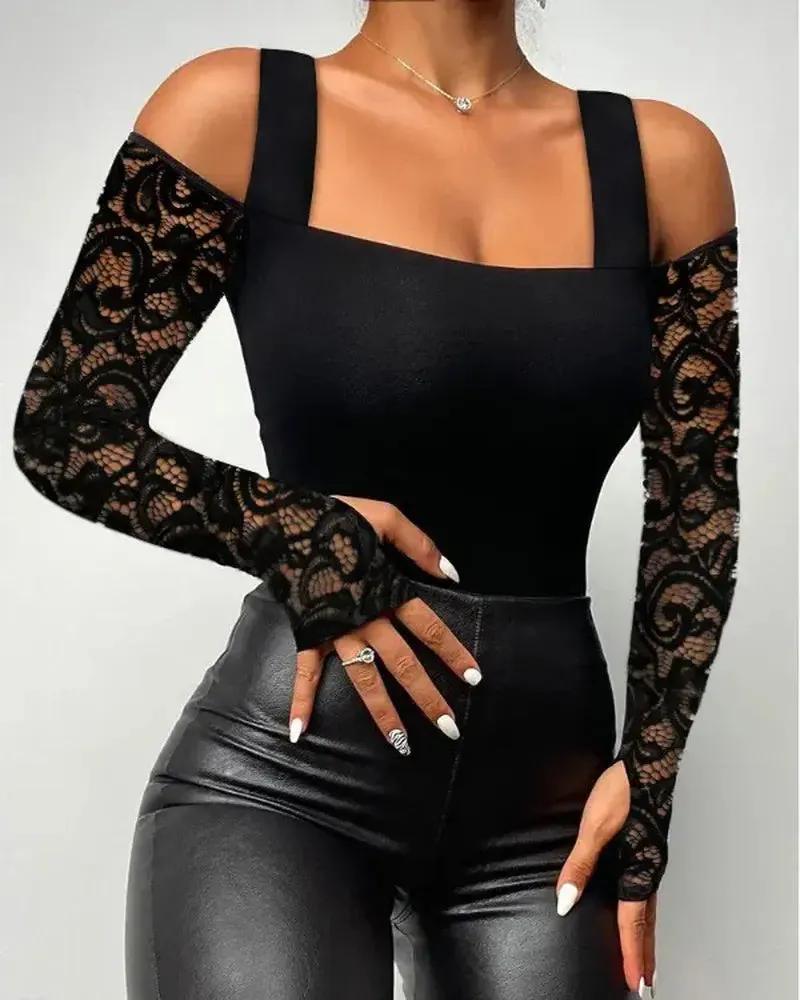 Olivia Mark – Contrast Lace Off-the-Shoulder Long Sleeve Top product image