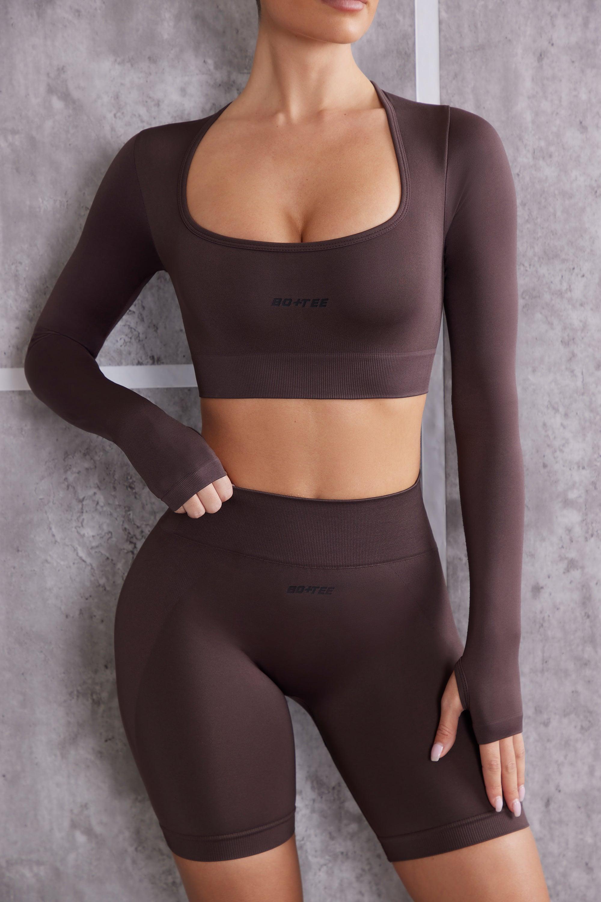 Long Sleeve Crop Top in Brown Product Image