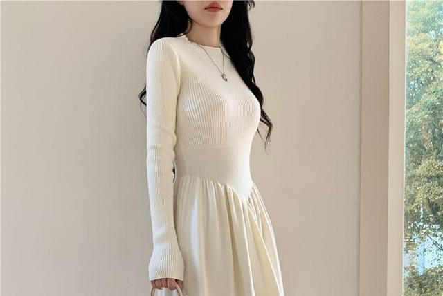 Mock Two-Piece Long-Sleeve Plain Ribbed Midi A-Line Dress Product Image