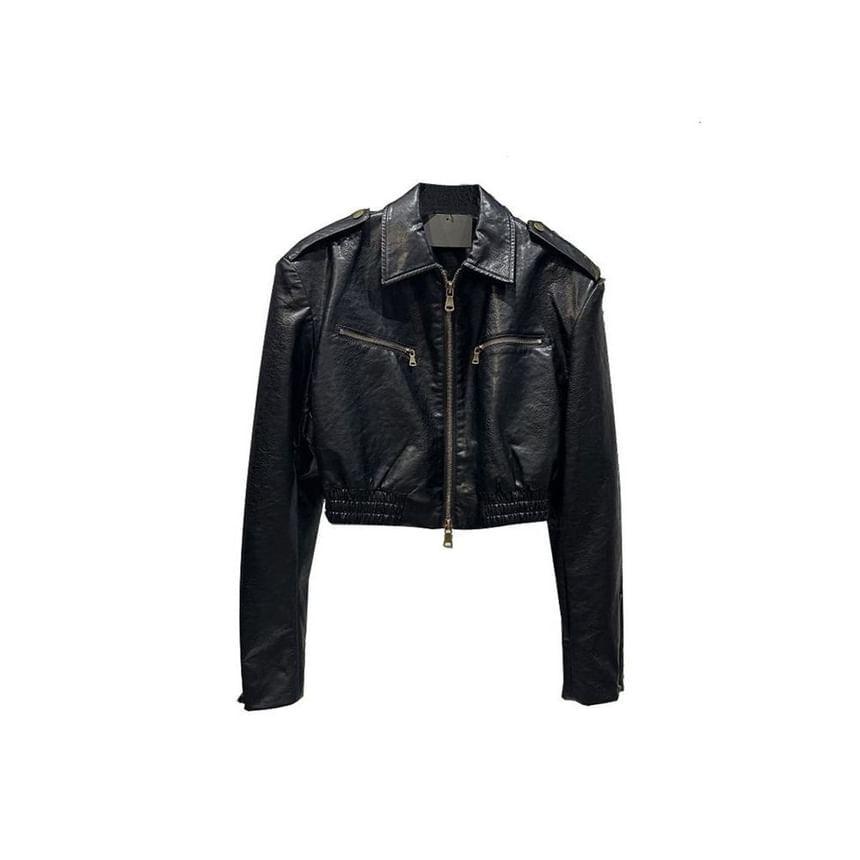 Lapel Collar Plain Faux Leather Cropped Zip Jacket Product Image