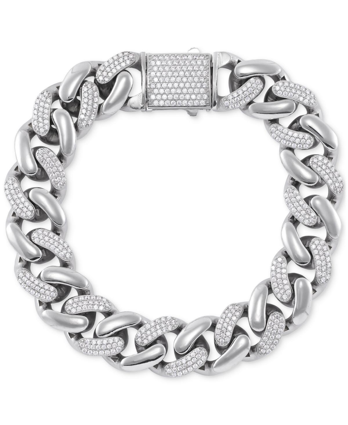 Mens Cubic Zirconia Pave Curb Link Chain Bracelet Sterling Silver Product Image