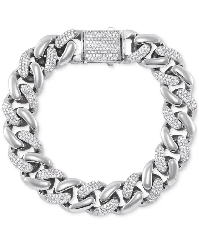 Mens Cubic Zirconia Pave Curb Link Chain Bracelet in Sterling Silver Product Image