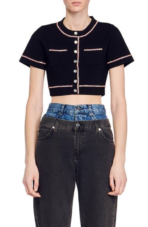 sandro Elsa Short Sleeve Button Front Crop Sweater Product Image