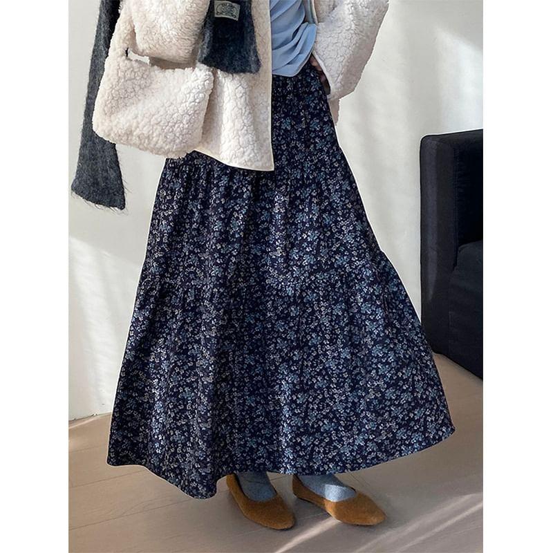 High Waist Floral Print Midi A-Line Skirt Product Image