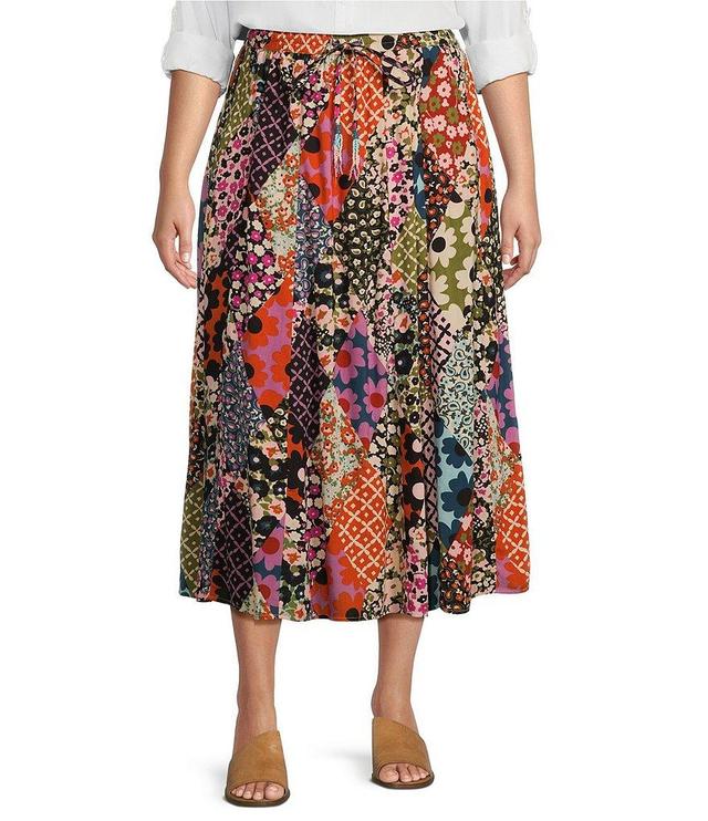 Intro Plus Size Maya Patchwork Print Elastic Waist Tassel Drawstring A-Line Pull-On Skirt Product Image