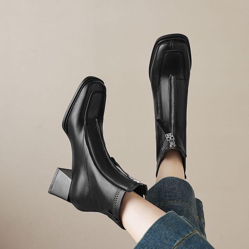 Square Toe Zip Block Heel Short Boots Product Image