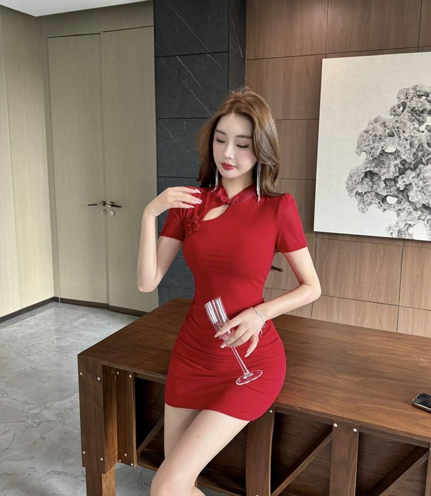 Short-Sleeve Cutout Mesh Panel Mini Bodycon Dress Product Image