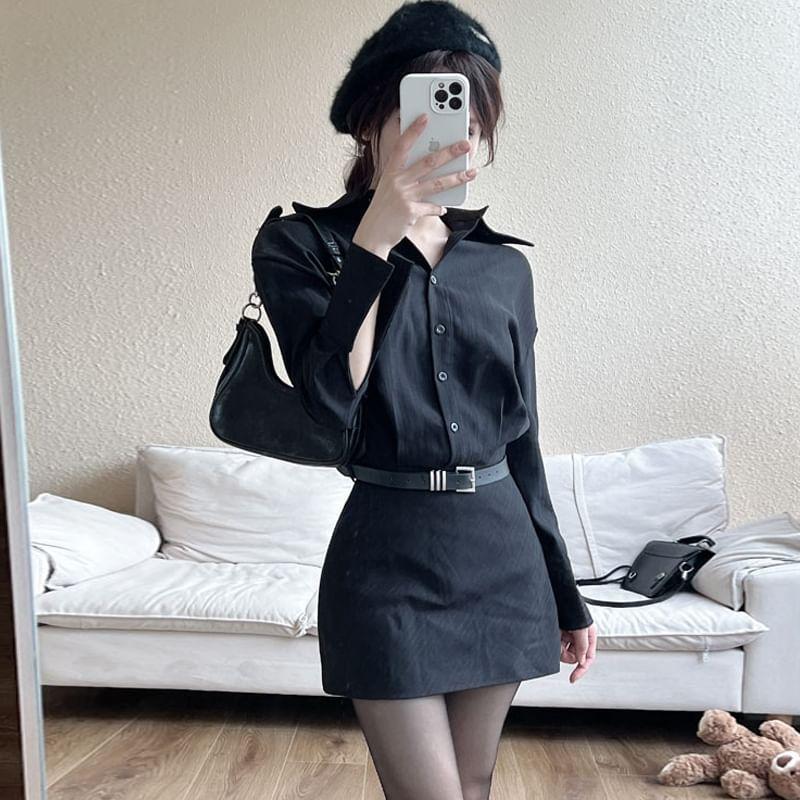 Long Sleeve Collared Plain Belted Mini Shirt Dress Product Image