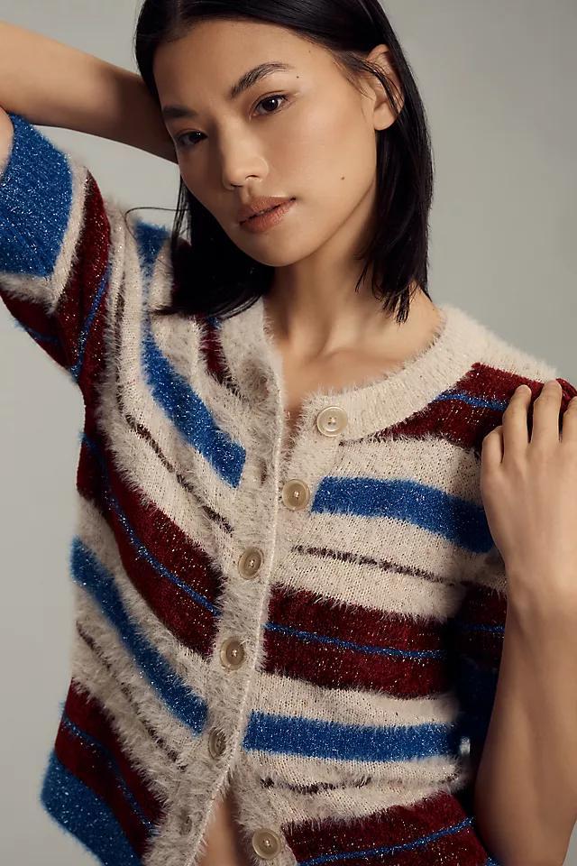 Maeve Short-Sleeve Fuzzy Cardigan Sweater Product Image