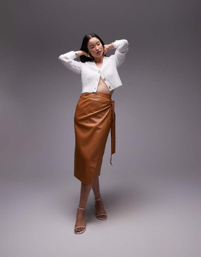 Never Fully Dressed PU wrap midi skirt in camel  Product Image