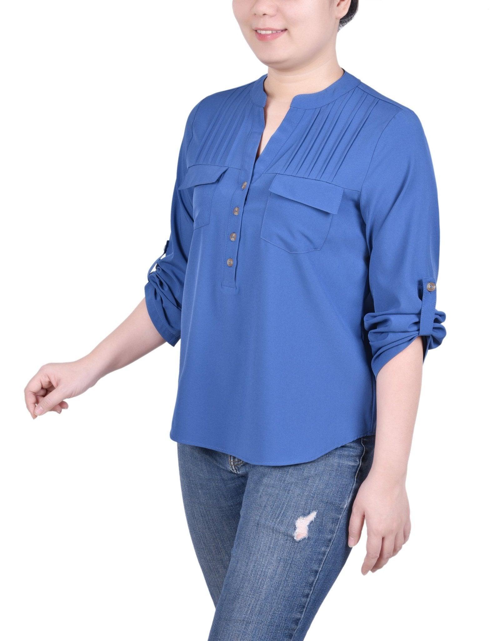 Long Tab-Sleeve Blouse With Pockets - Petite Product Image