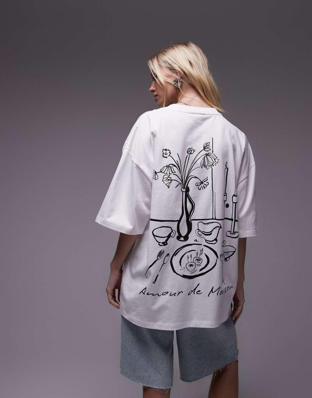 Topshop graphic Amour de Maison oversized tee in white Product Image