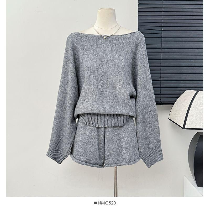 Set: One-Shoulder Loose Knit Top + High-Waist Shorts Product Image