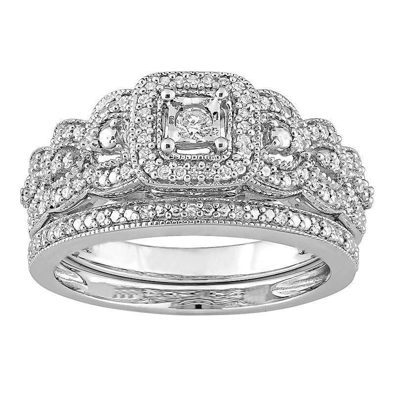 Stella Grace Sterling Silver 1/3 Carat T.W. Diamond Vintage Engagement Ring Set, Womens White Product Image