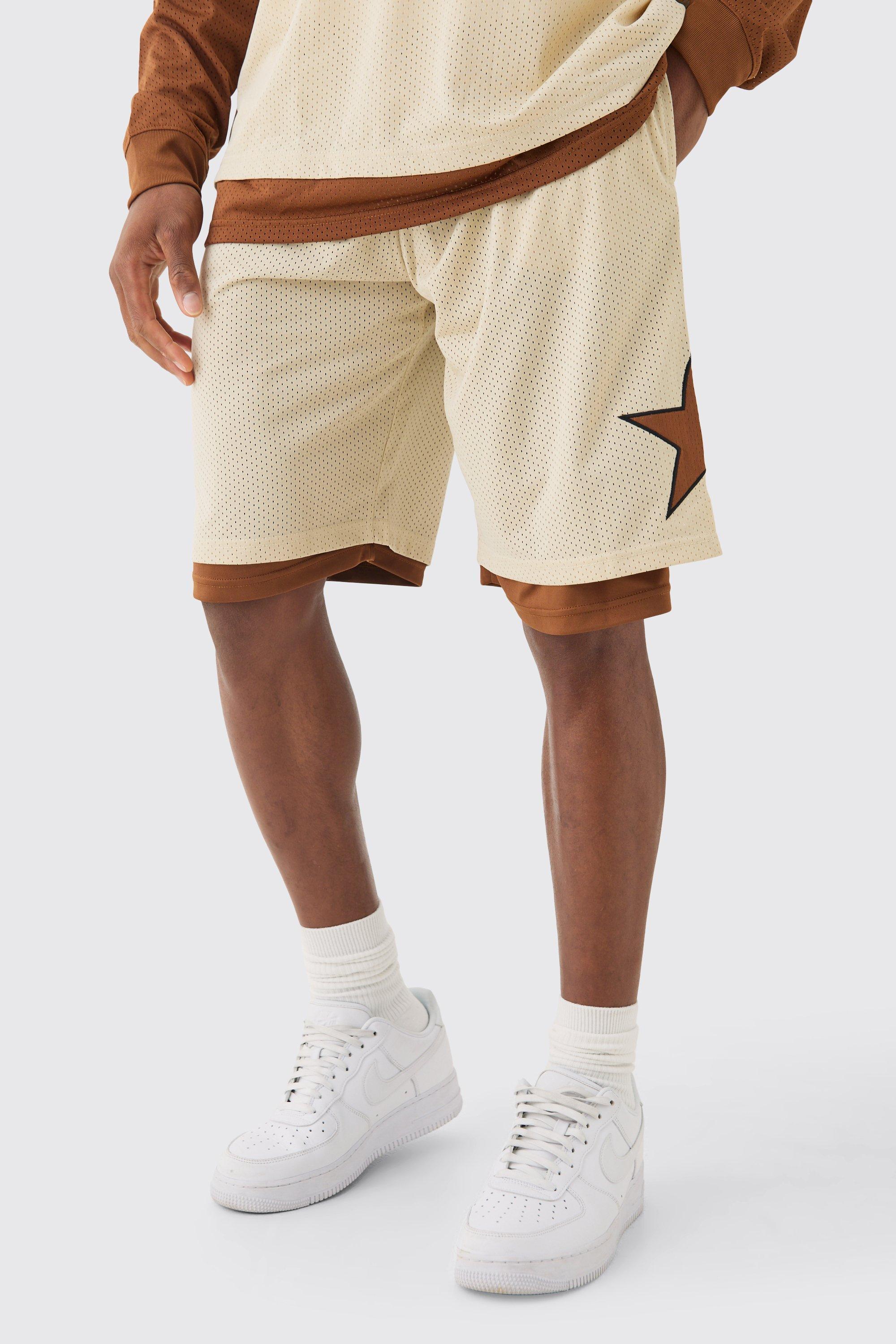 Mens Beige Loose Fit Layered Basketball Short, Beige Product Image