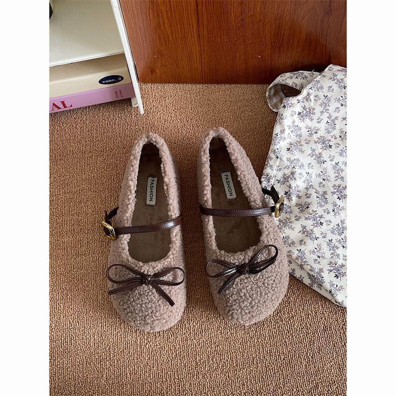 Round Toe Bow Fleece Mary Jane Flats Product Image