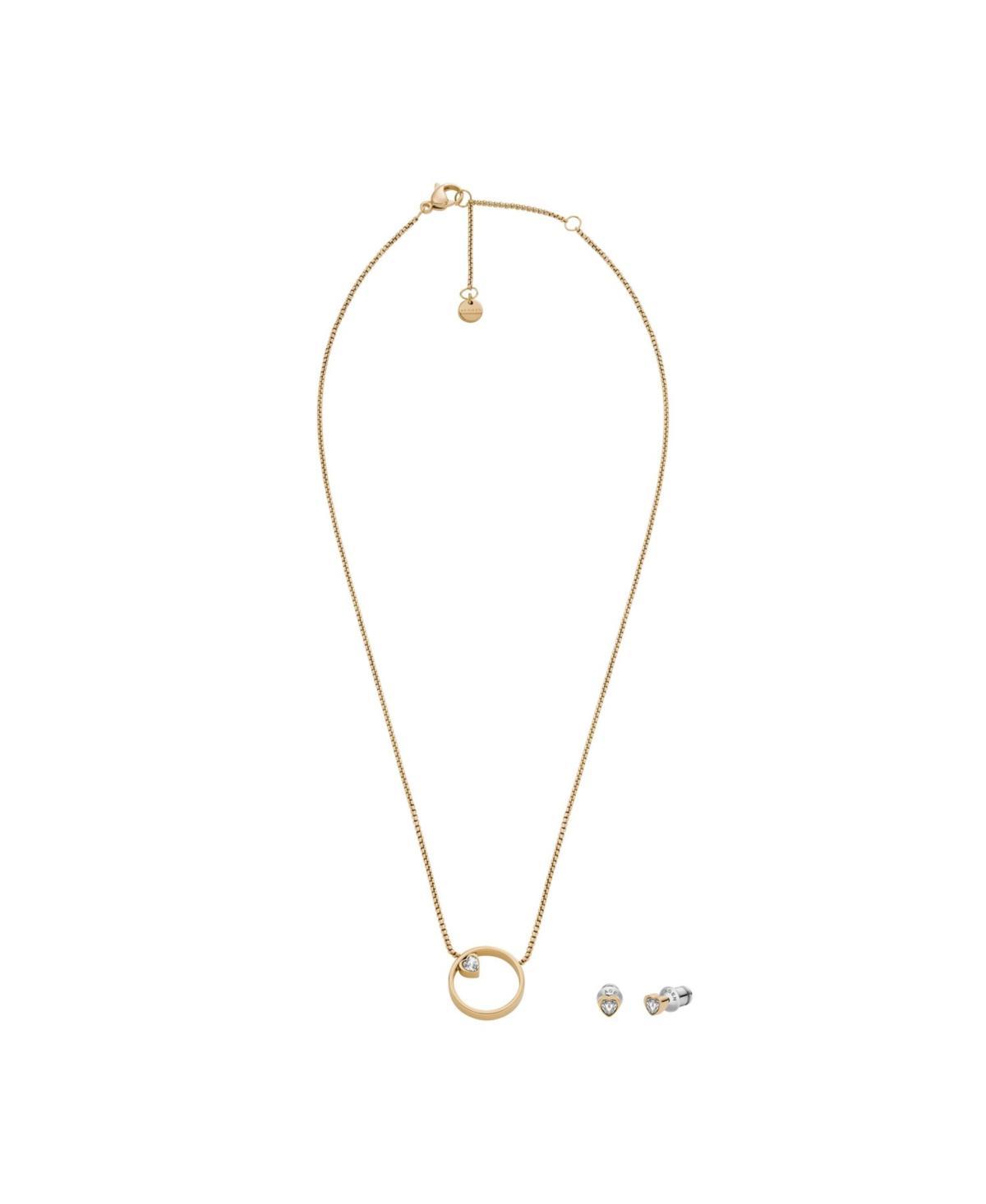 Skagen Womens Gold-Tone Stainless Steel Necklace and Glitz Heart Earrings Set Product Image