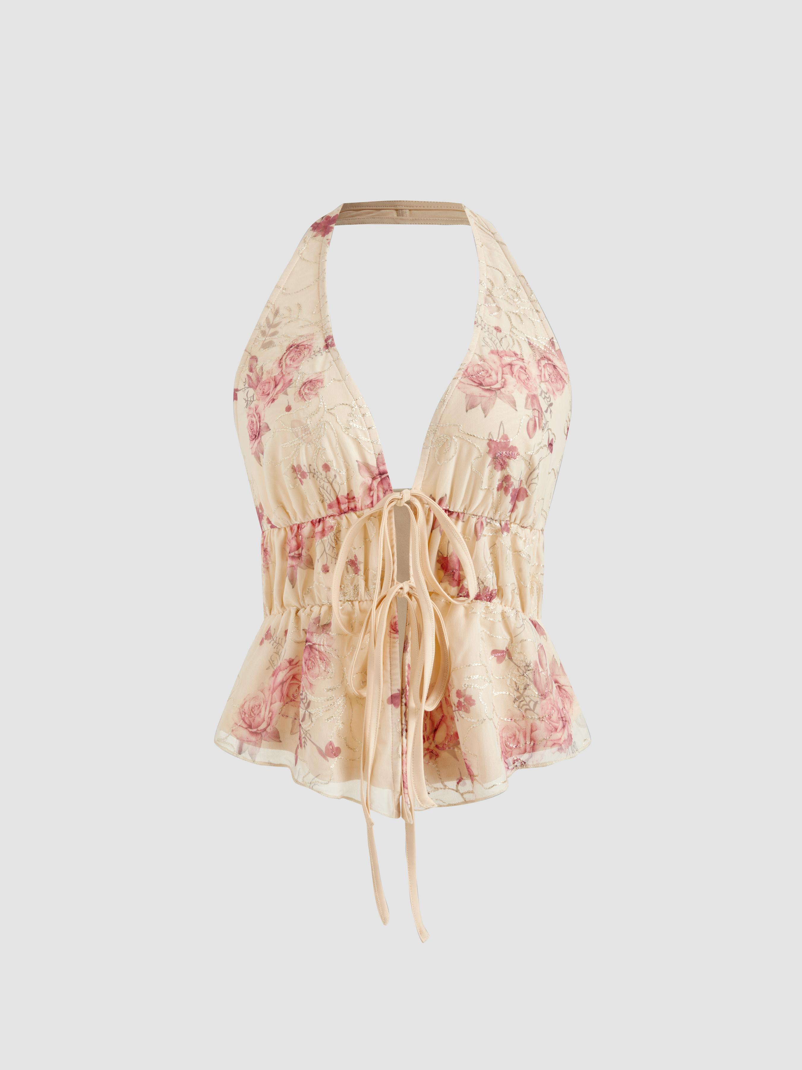 Halter Neckline Floral Knotted Tank Top Product Image