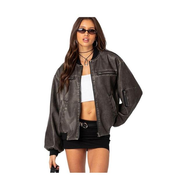 EDIKTED Vava Washed Faux Leather Bomber Jacket Product Image