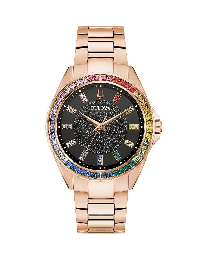 Men's Bulova Phantom Rainbow Crystal Accent Rose-Tone Watch with Black Dial (Model: 97A180) Product Image