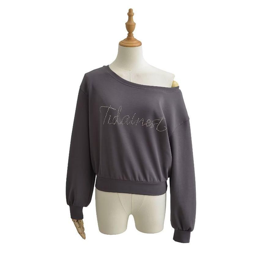 Boat Neck Lettering Rhinestone Crop Sweatshirt Product Image