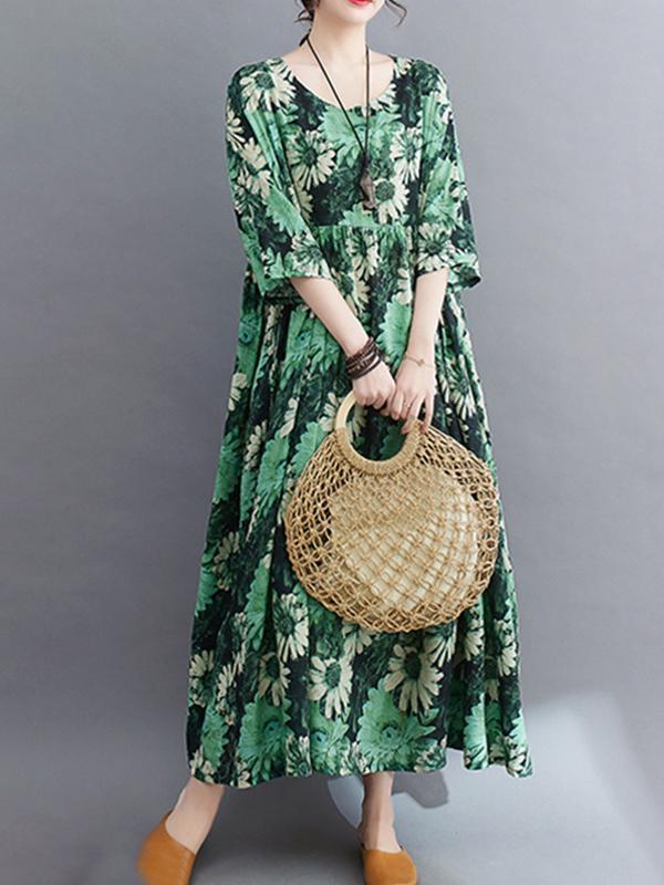 Loose Raglan Sleeve Floral Printed Pleated Split-Joint Round-Neck Midi Dresses Product Image