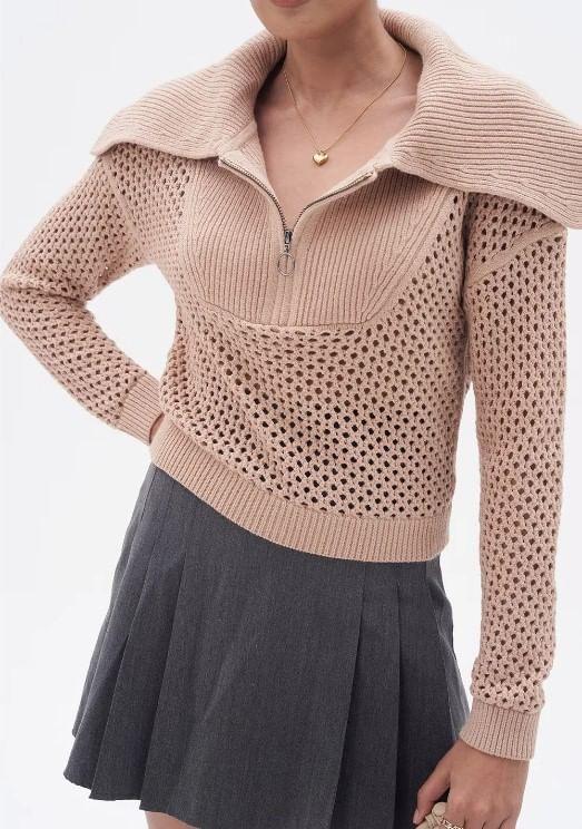 Long-Sleeve Collared Plain Perforated Half-Zip Crop Knit Top Product Image