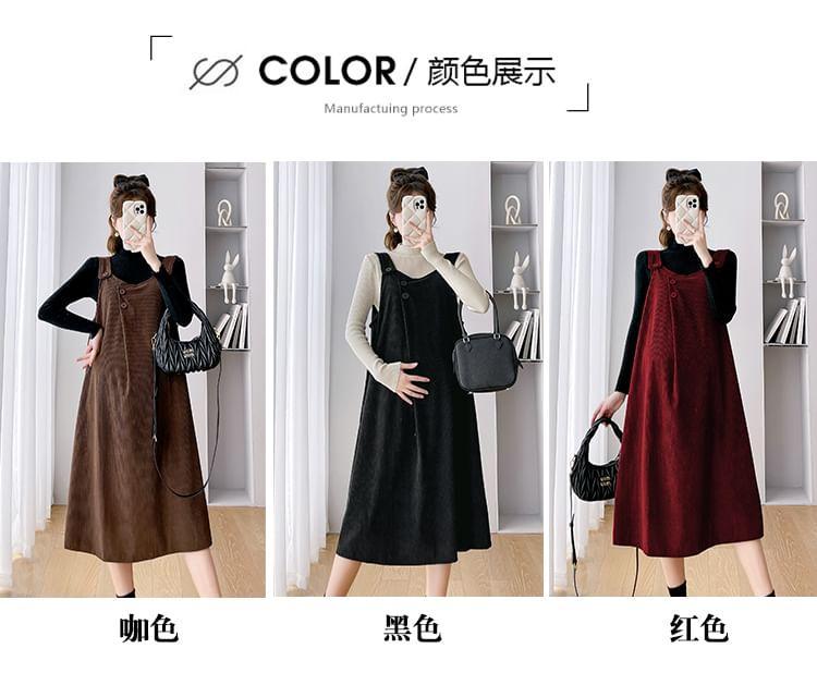 Maternity Mock Neck Plain Ribbed Sweater / Midi Dungaree Dress / Set Product Image