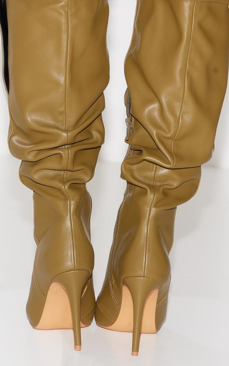 Olive PU Point Toe Ruched Button Detail Knee High Heeled Boots Product Image