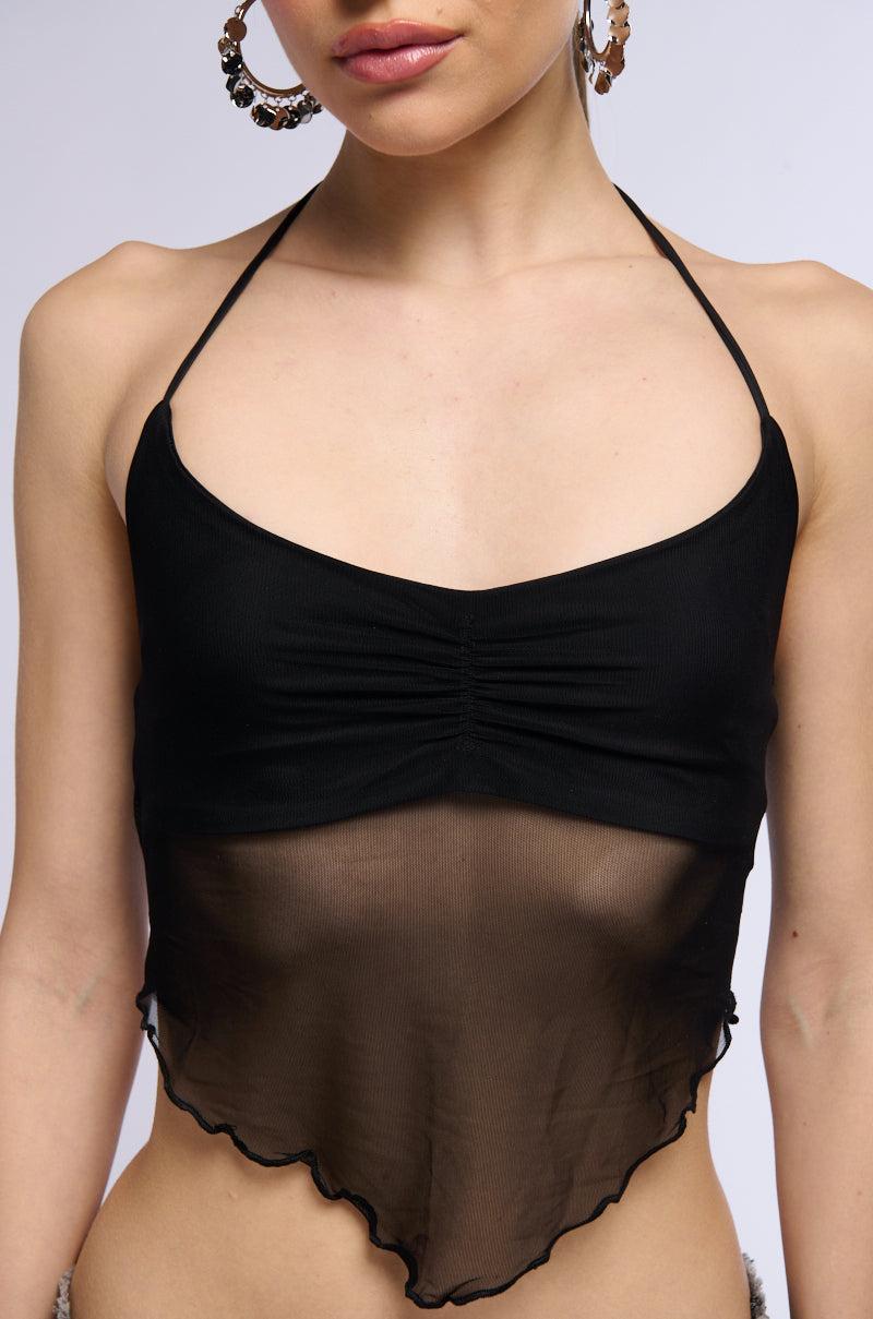 ALL YOUR LOVE HALTER TIE NECK MESH CROP TANK IN BLACK Product Image