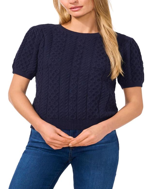 CeCe Womens Puff Short Sleeve Mixed Cable Knit Crew Neck Sweater Product Image