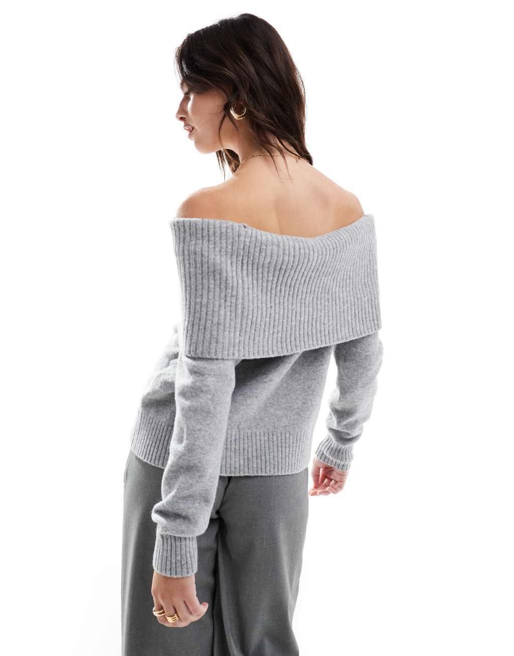 Pull&Bear oversized bardot knit sweater in soft gray Product Image