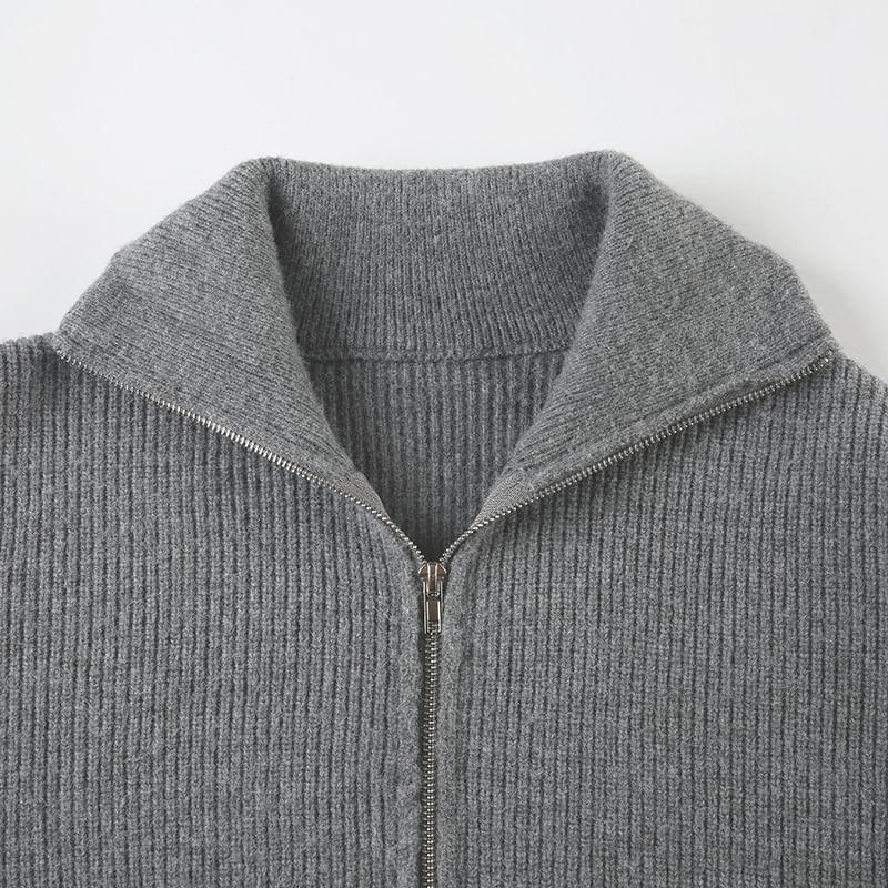 Stand Collar Plain Ribbed Knit Zip Up Cropped Cardigan Product Image