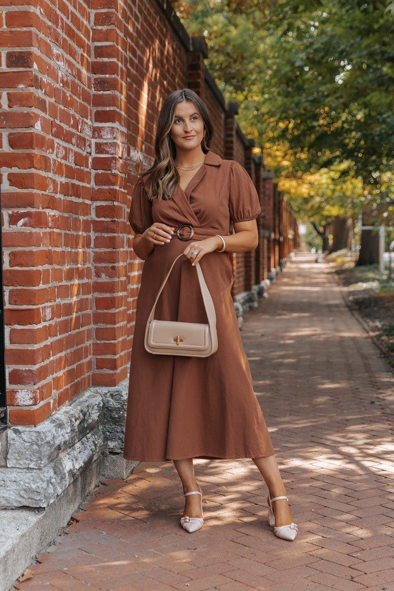 True Autumn Brown Belted Midi Dress Female Product Image