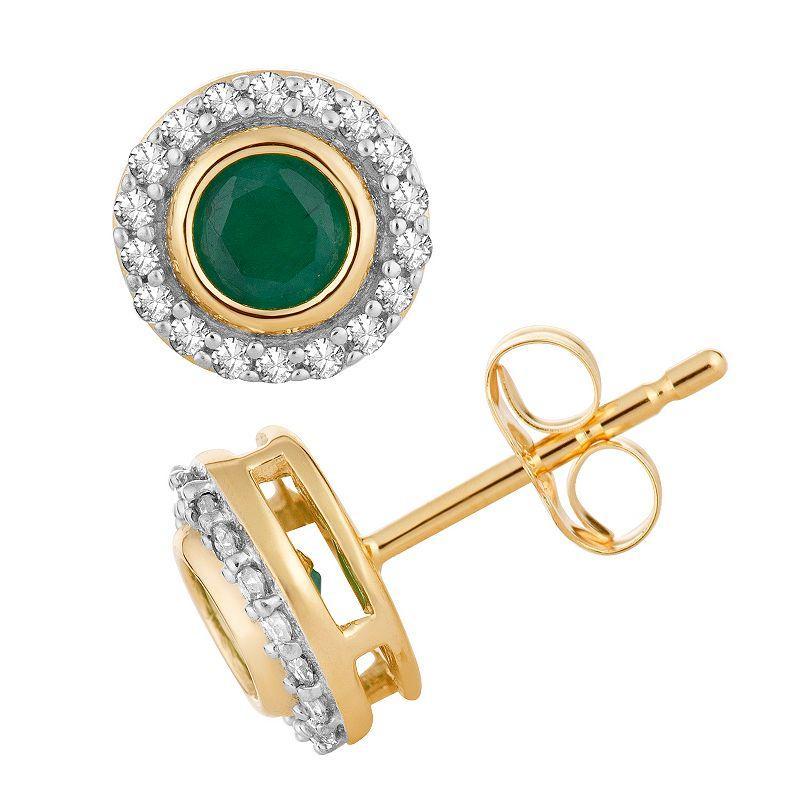 10k Gold Emerald & 1/10 Carat T.W. Diamond Halo Stud Earrings, Womens Product Image