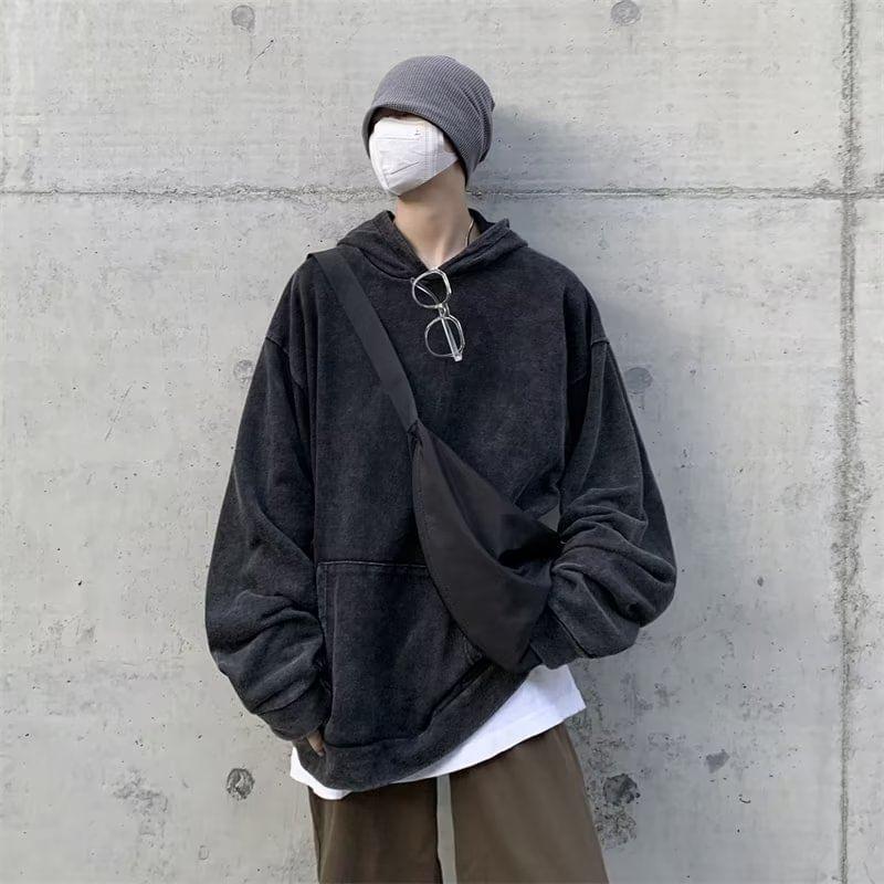 Long-Sleeve Plain Washed Hoodie Product Image