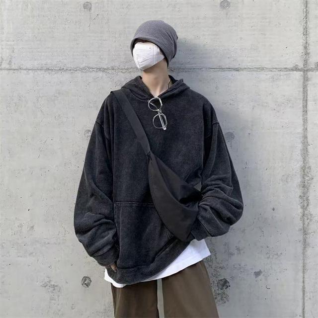 Long-Sleeve Plain Washed Hoodie Product Image