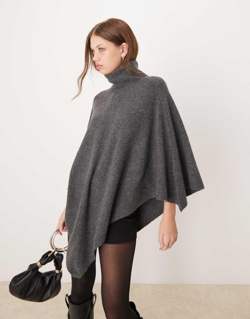 JDY roll neck knit poncho in dark gray melange Product Image