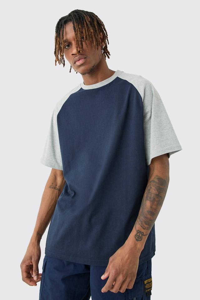 Tall Raglan Detail Colour Block T-shirt In Navy | boohooMAN USA Product Image