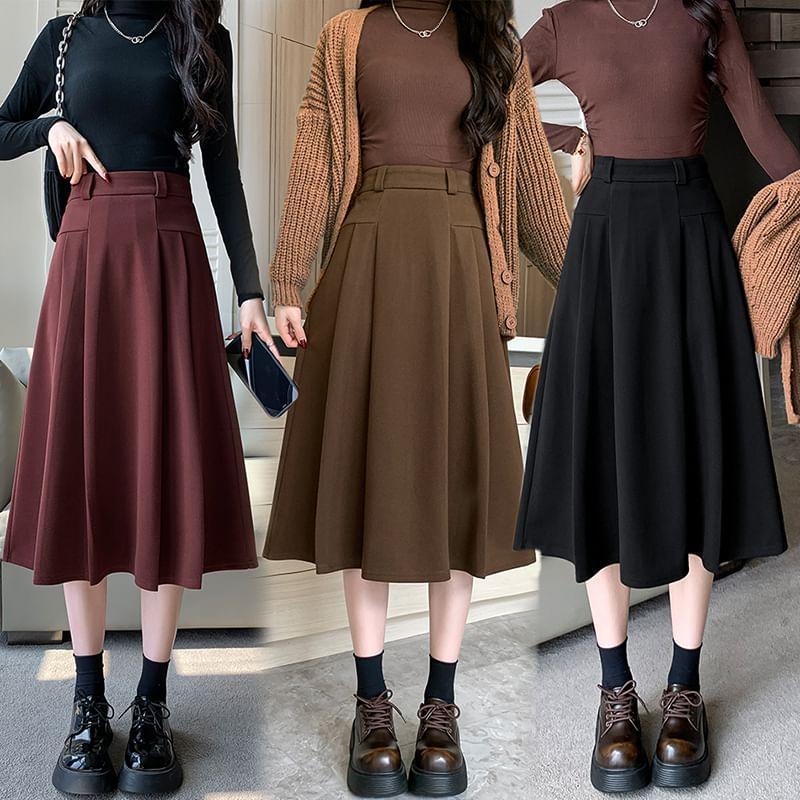 High Waist Plain Midi A-Line Skirt Product Image