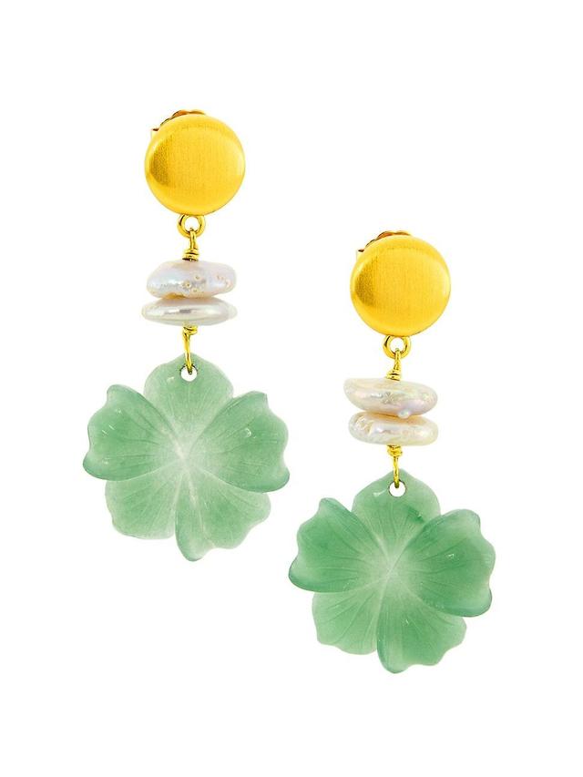 Womens 22K Gold-Plated, Jade Aventurine & Freshwater Pearl Flower Drop Earrings Product Image