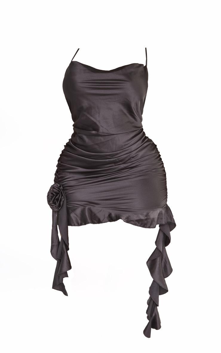 Plus Black Satin Corsage Frill Cowl Neck Strappy Shift Dress Product Image