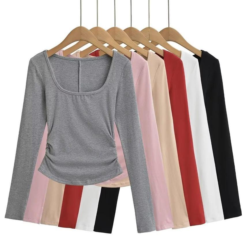 Long Sleeve Square Neck Plain Ruched Crop T-Shirt Product Image